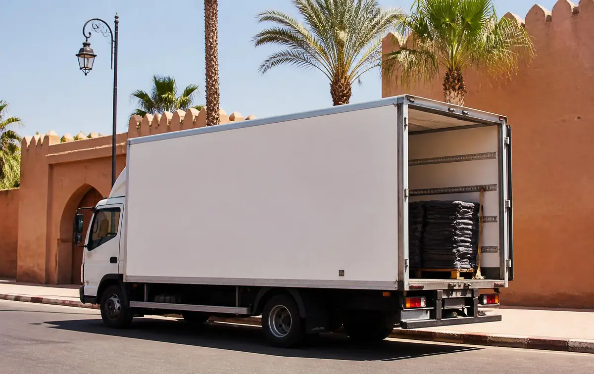 Camion de transport de meubles Trans Meubles Maroc stationné dans une rue de Marrakech
